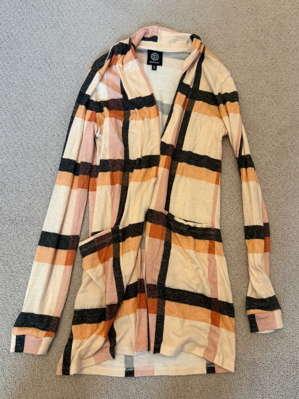 Bobeau Pink, Tan & Black/Grey Plaid Open Long Cardigan w/Pockets - Soft - Sz XS